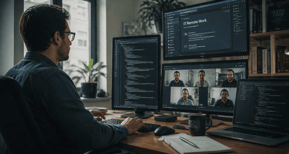 IT remote work développeur à domicile avec écrans
