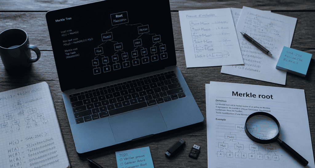 schéma merkle root affiché sur ordinateur portable