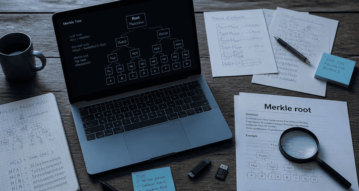 schéma merkle root affiché sur ordinateur portable