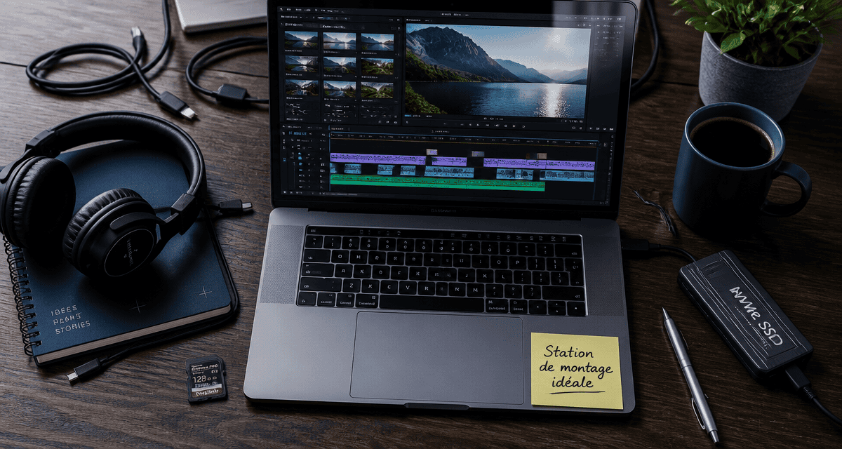 ordinateur portable montage vidéo flat-lay bureau