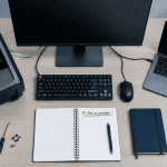 pc fixe ou portable sur bureau en flat-lay