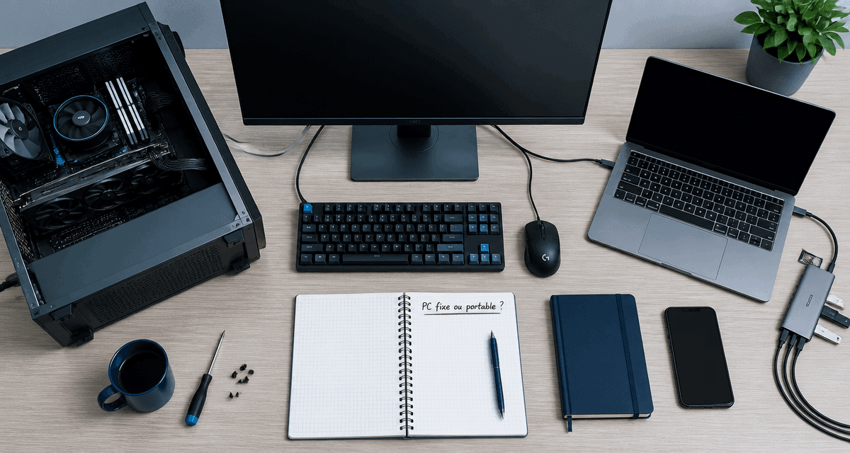pc fixe ou portable sur bureau en flat-lay