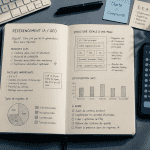 bureau moderne avec carnet référencement ia et checklist