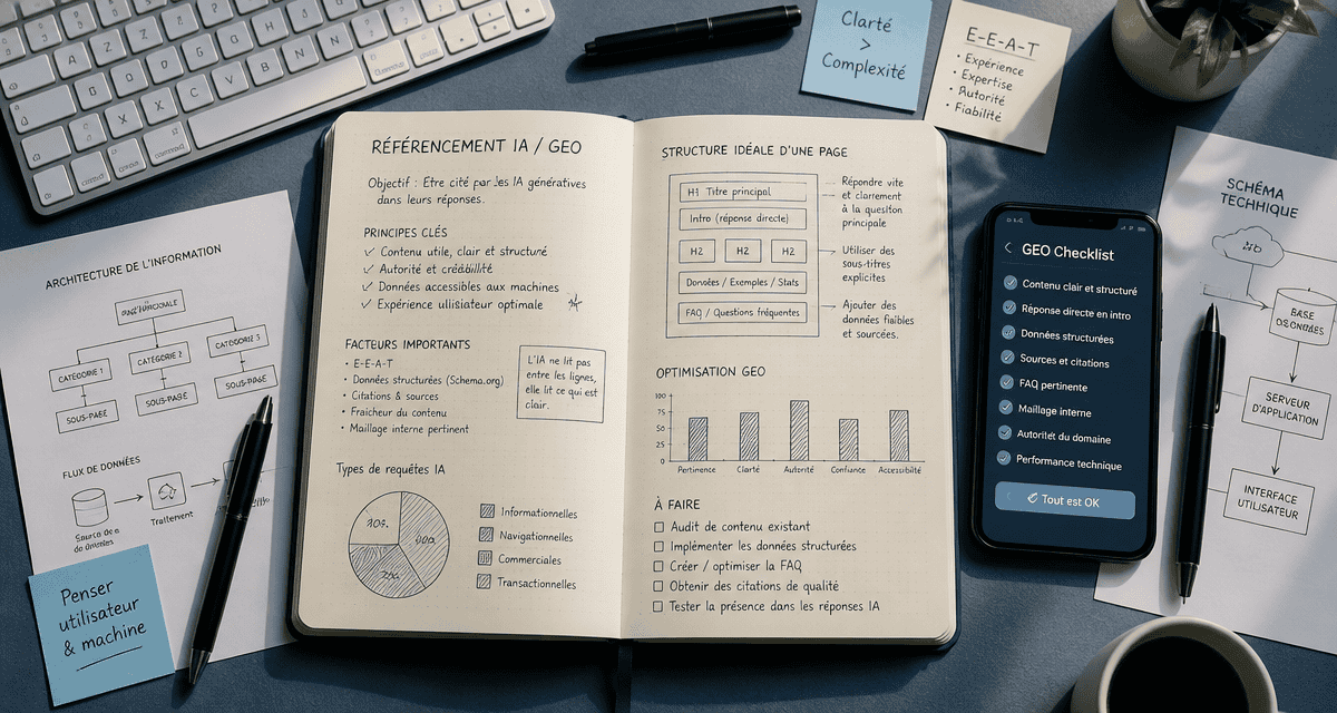 bureau moderne avec carnet référencement ia et checklist