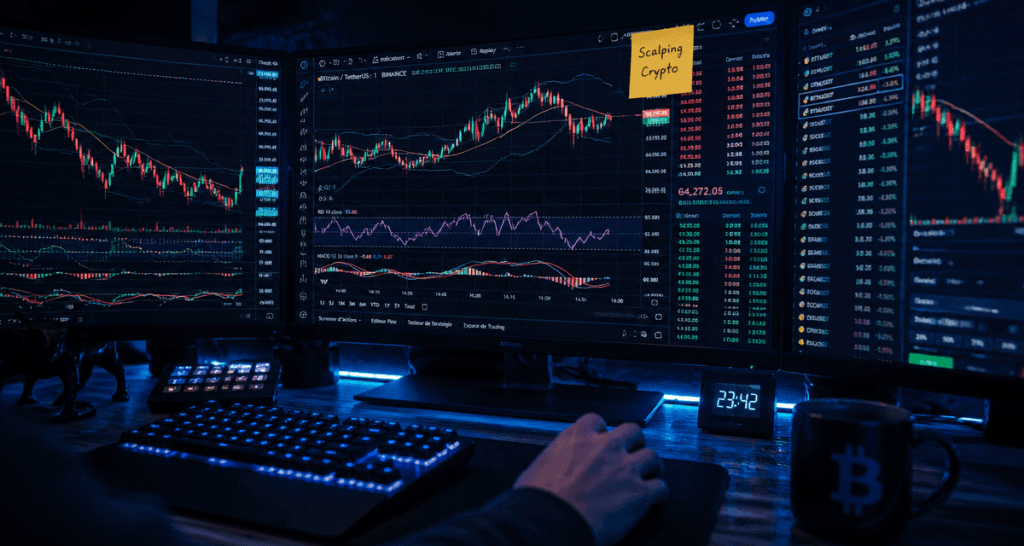 Scalping crypto avec trois écrans et graphiques