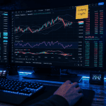 Scalping crypto avec trois écrans et graphiques