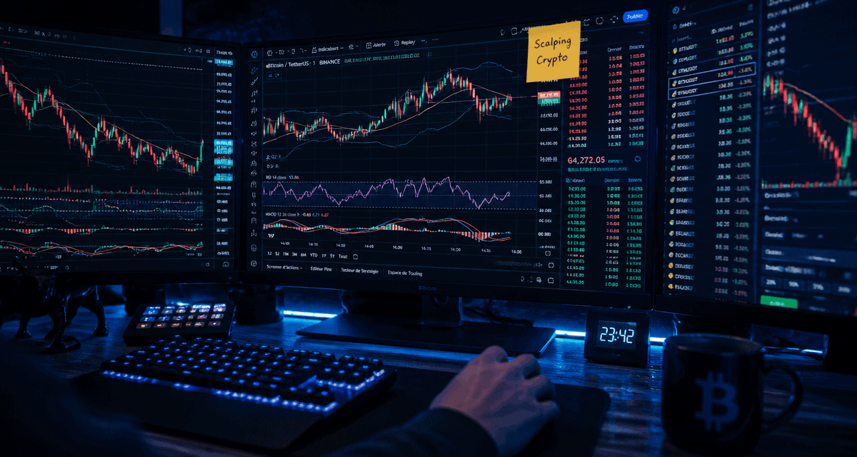 Scalping crypto avec trois écrans et graphiques