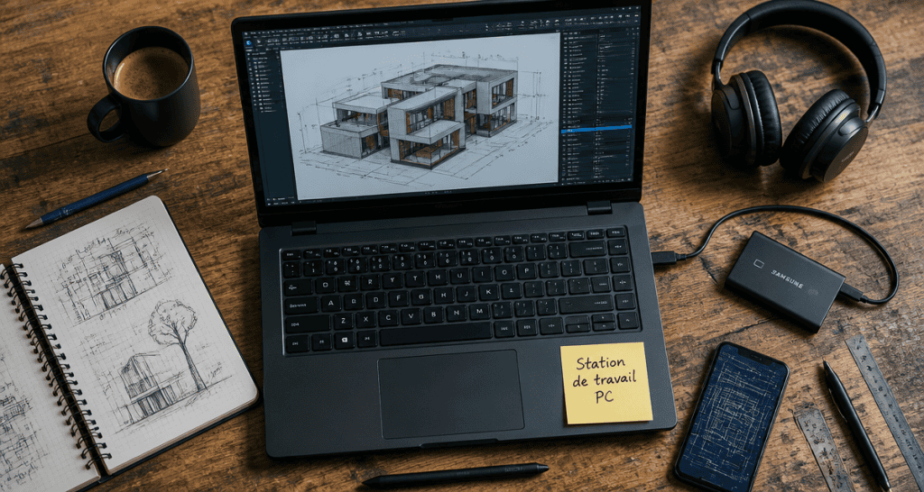 station de travail pc portable sur bureau d’ingénieur