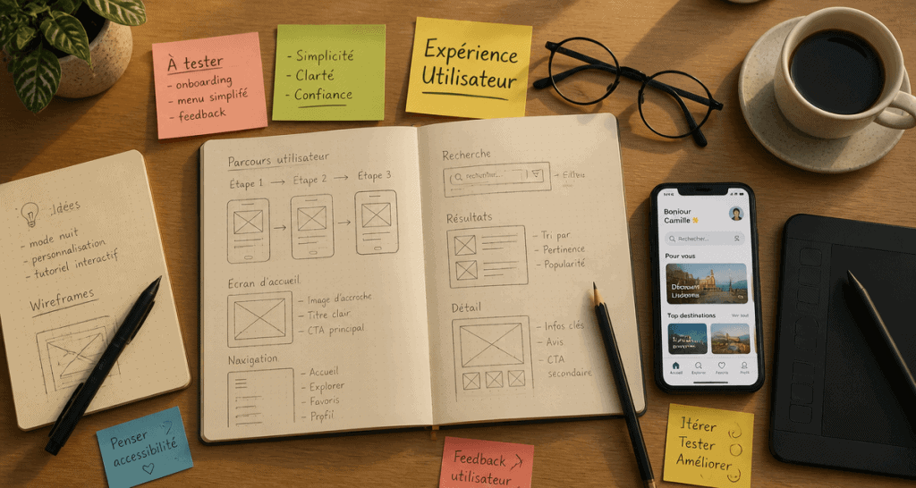 ux design bureau avec wireframes et post-its