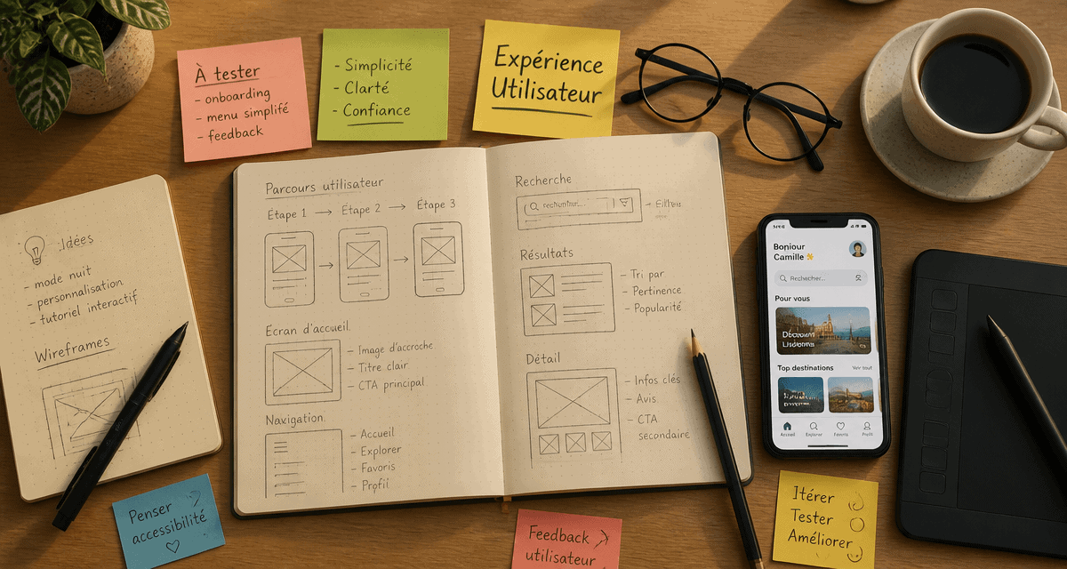 ux design bureau avec wireframes et post-its