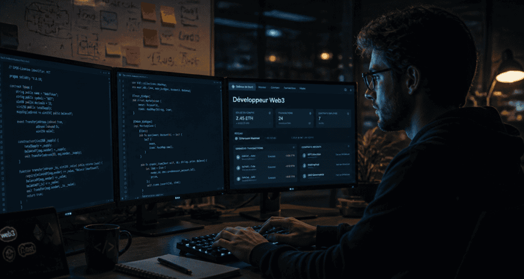 web3 developer devant écrans code Solidity Rust