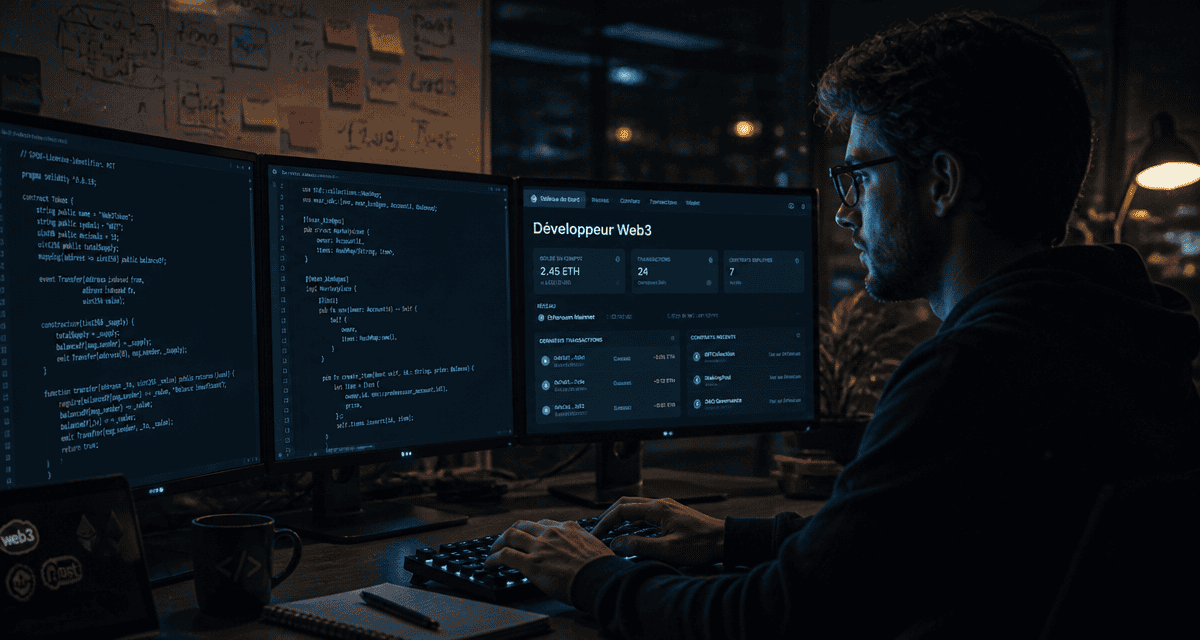 web3 developer devant écrans code Solidity Rust