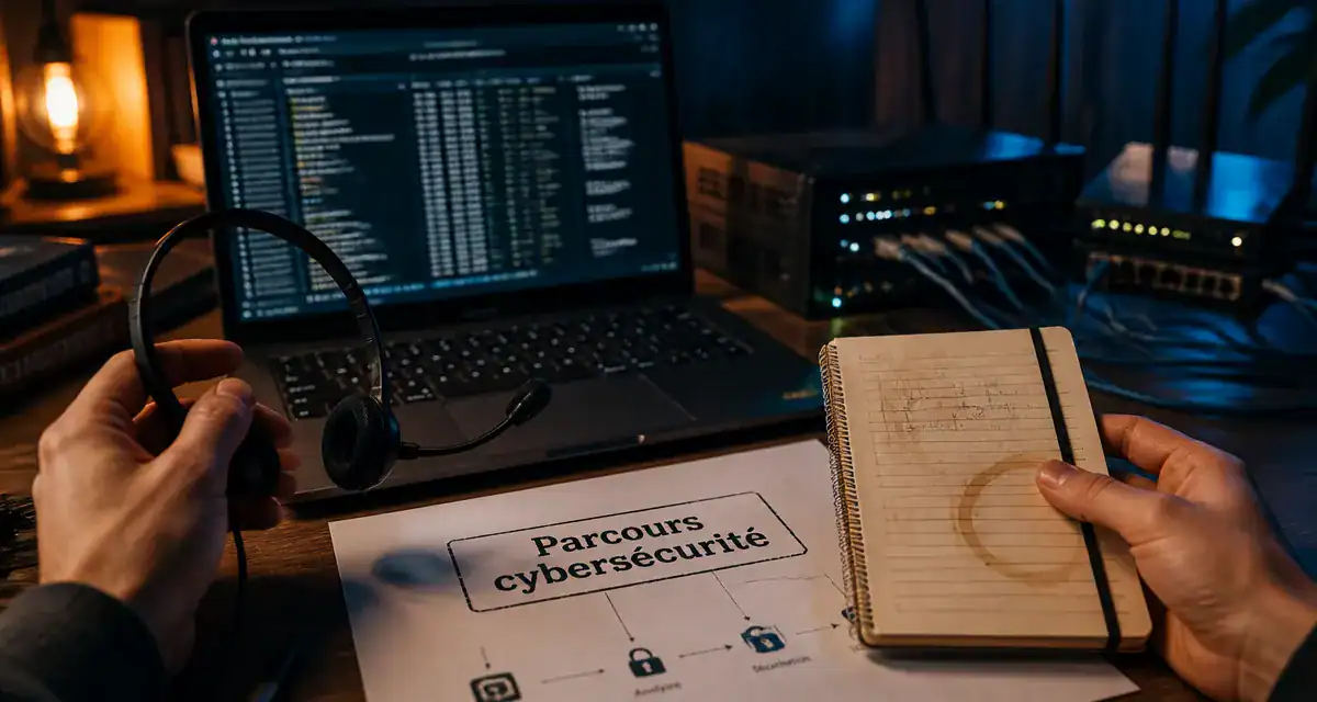 Apprendre la cybersécurité : bureau, logs et terminal sombre