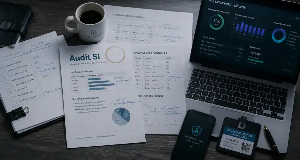 audit en informatique sur bureau avec rapport et ordinateur