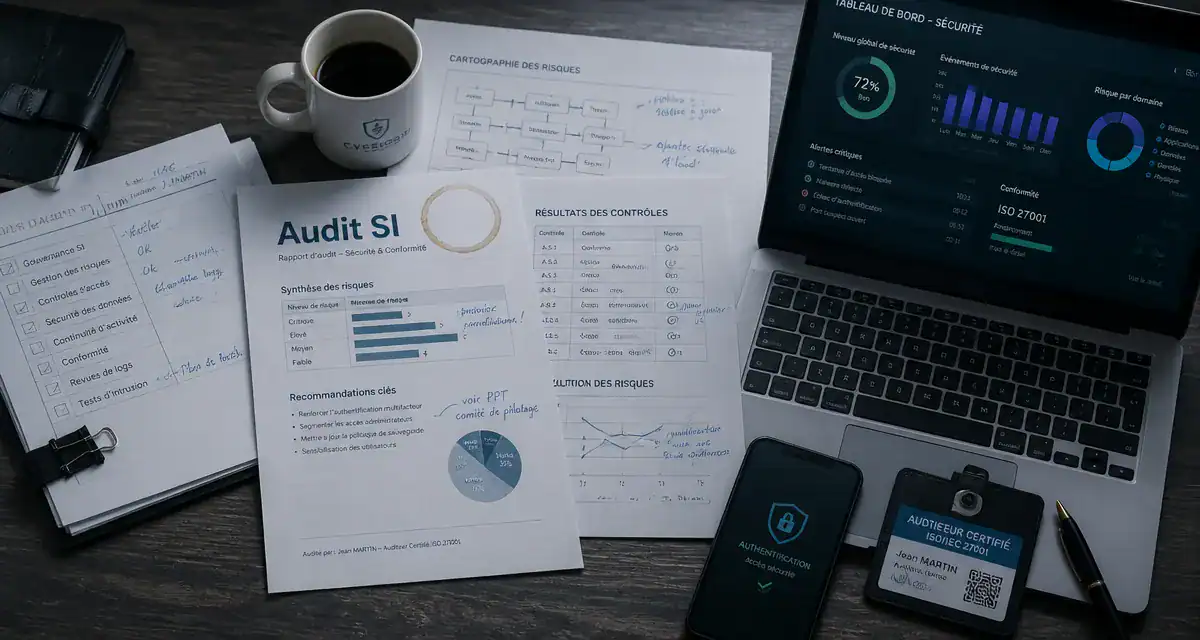audit en informatique sur bureau avec rapport et ordinateur