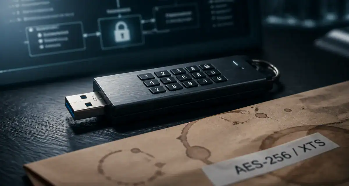 Cle usb securise AES-256 sur bureau bois, scellé d’intégrité visible