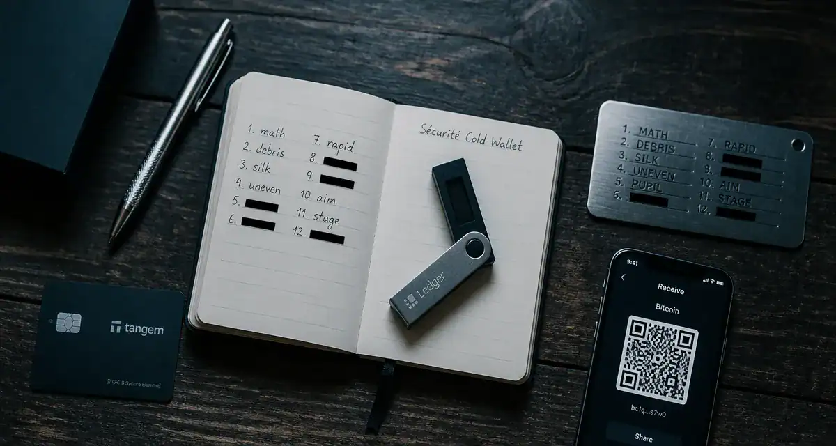 Cold wallet crypto sur bureau avec seed phrase et smartphone