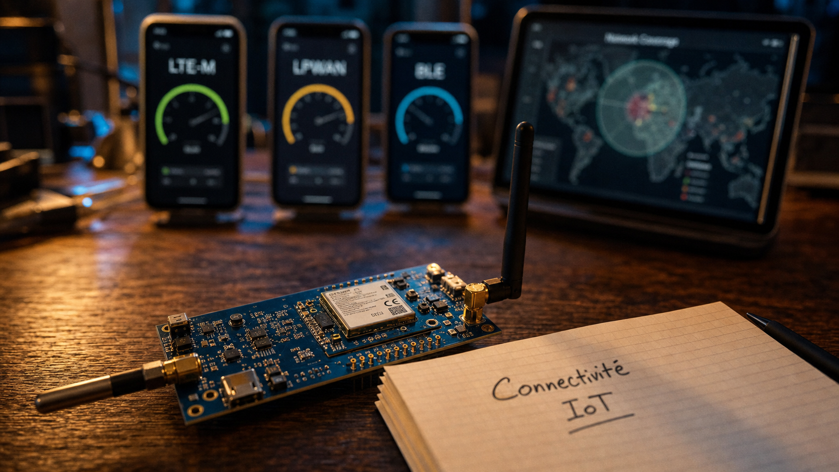 Connectivité IoT : module IoT avec antenne, choix LPWAN, cellulaire ou satellite