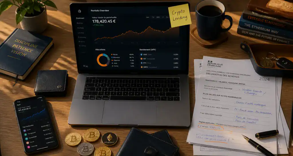 crypto lending bureau laptop graphique defi