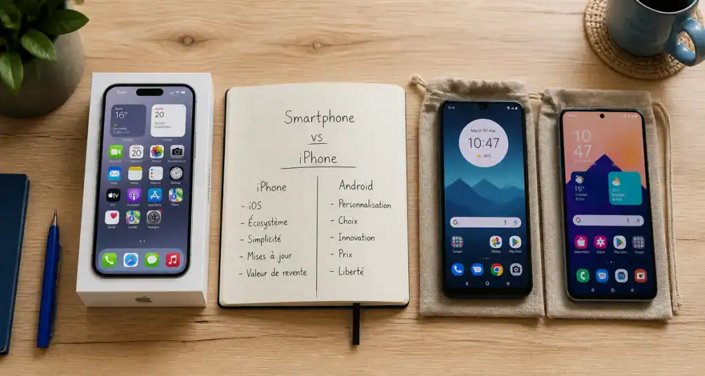 Différence entre un smartphone et un iPhone sur une table