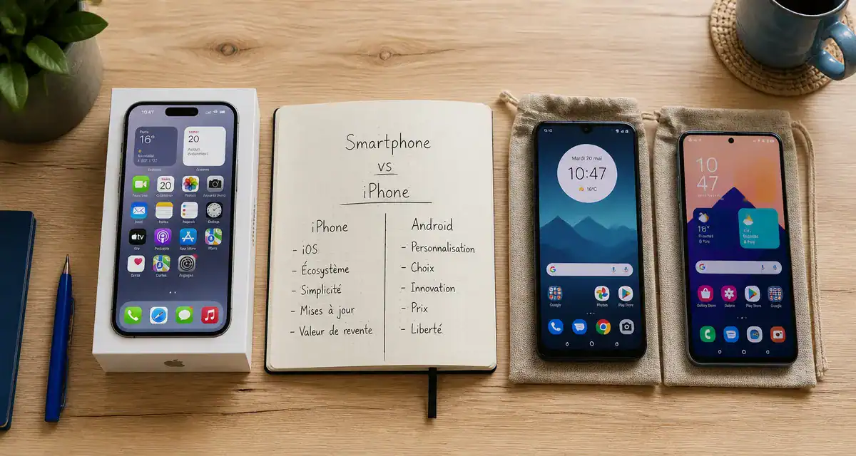 Différence entre un smartphone et un iPhone sur une table