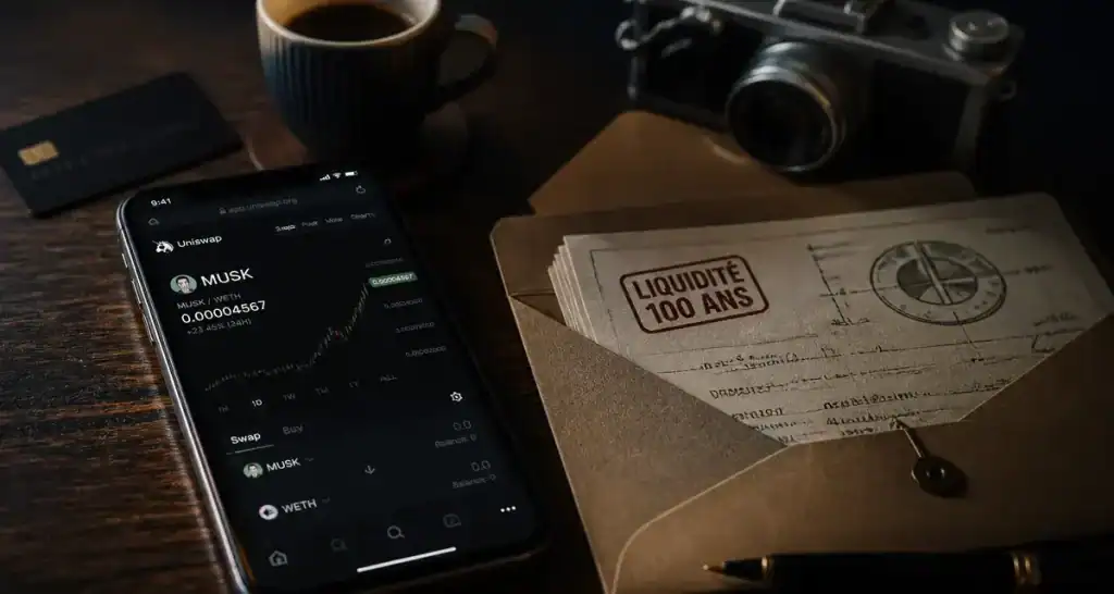 elon musk coin : liquidité bloquée 100 ans, interface Uniswap