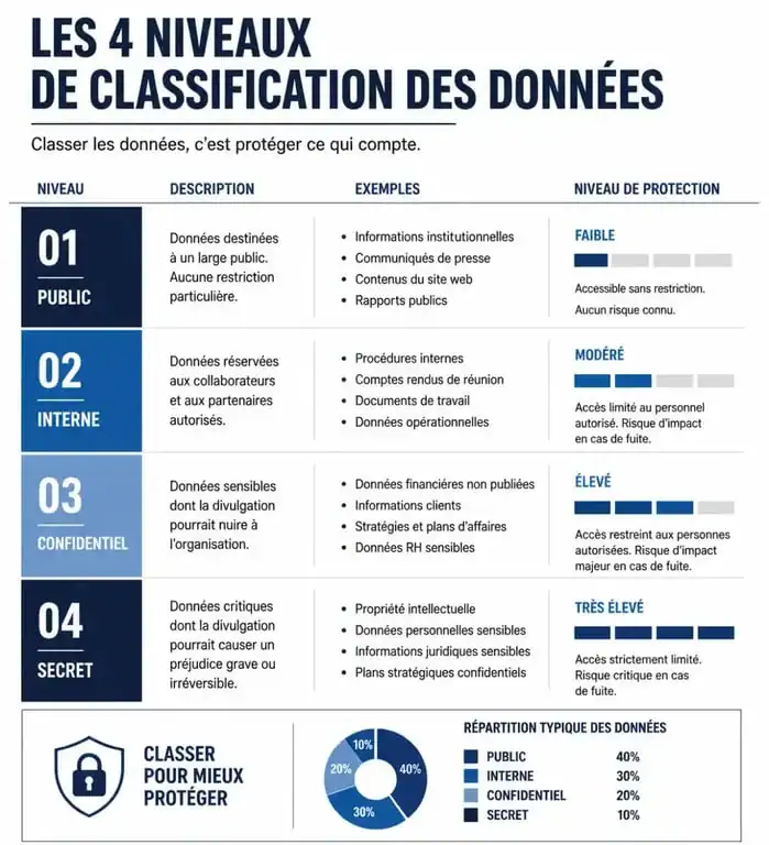 Infographie des 4 niveaux de classification de données : Public, Interne, Confidentiel et Secret pour la sécurité de l'information.