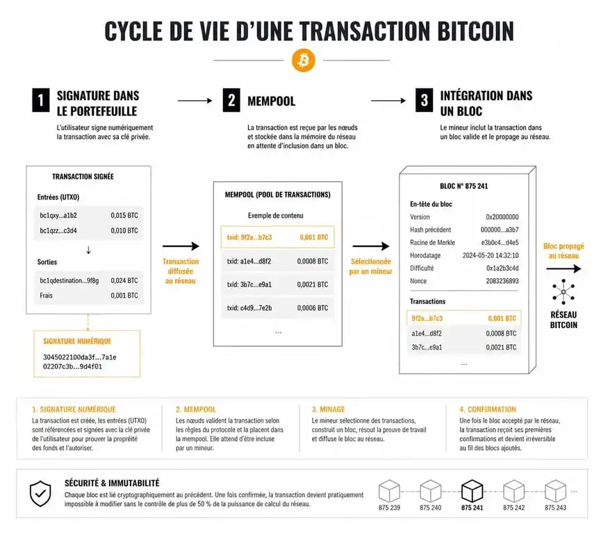Schéma explicatif du cycle de vie d'une transaction Bitcoin et de son fonctionnement sur la blockchain