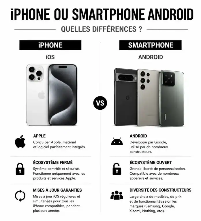 Infographie comparative : différence entre un smartphone et un iPhone, iOS vs Android