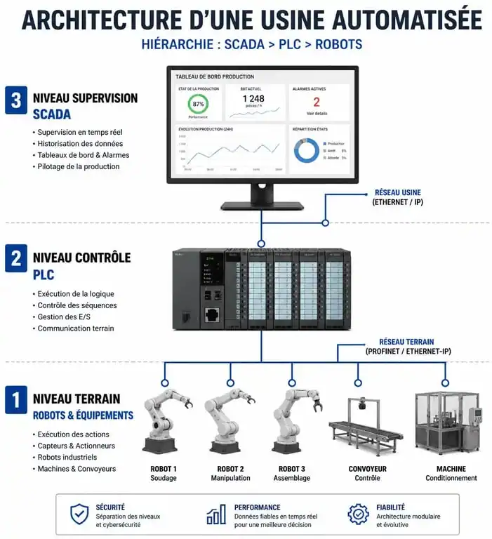 Schéma de l'architecture d'automatisation industrielle avec PLC, SCADA et robotique