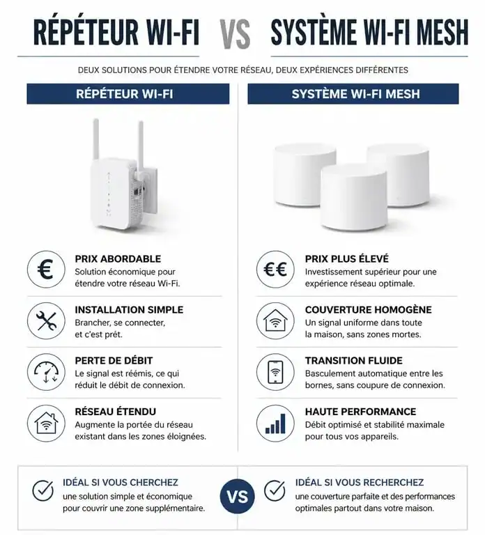 Comparatif entre répéteur Wi-Fi classique et système Mesh pour choisir son équipement réseau