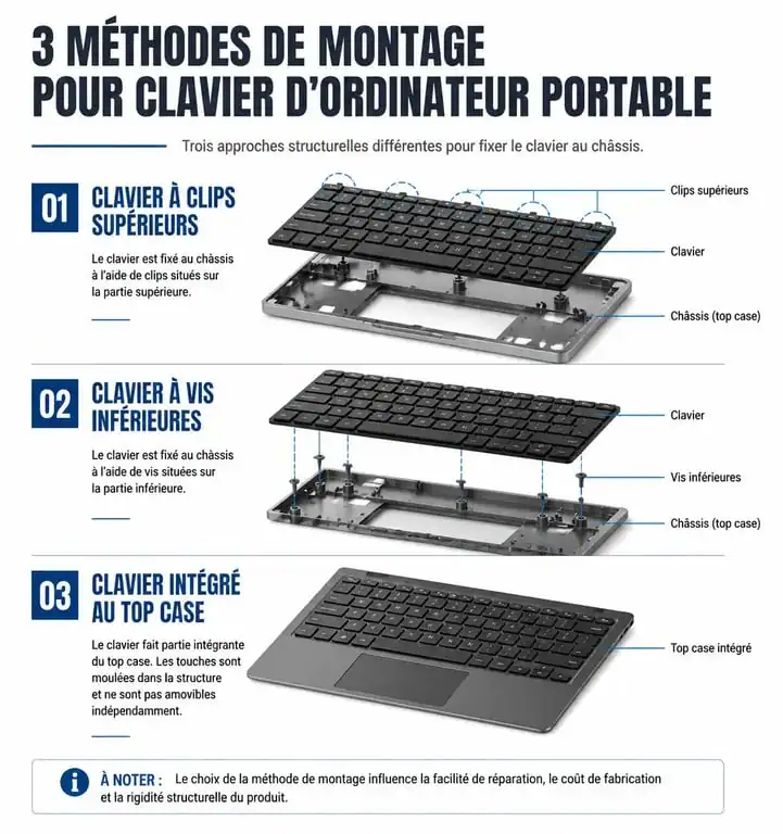 Schéma illustrant les trois types de fixation d'un clavier d'ordinateur portable : clipsé, vissé et intégré au topcase.