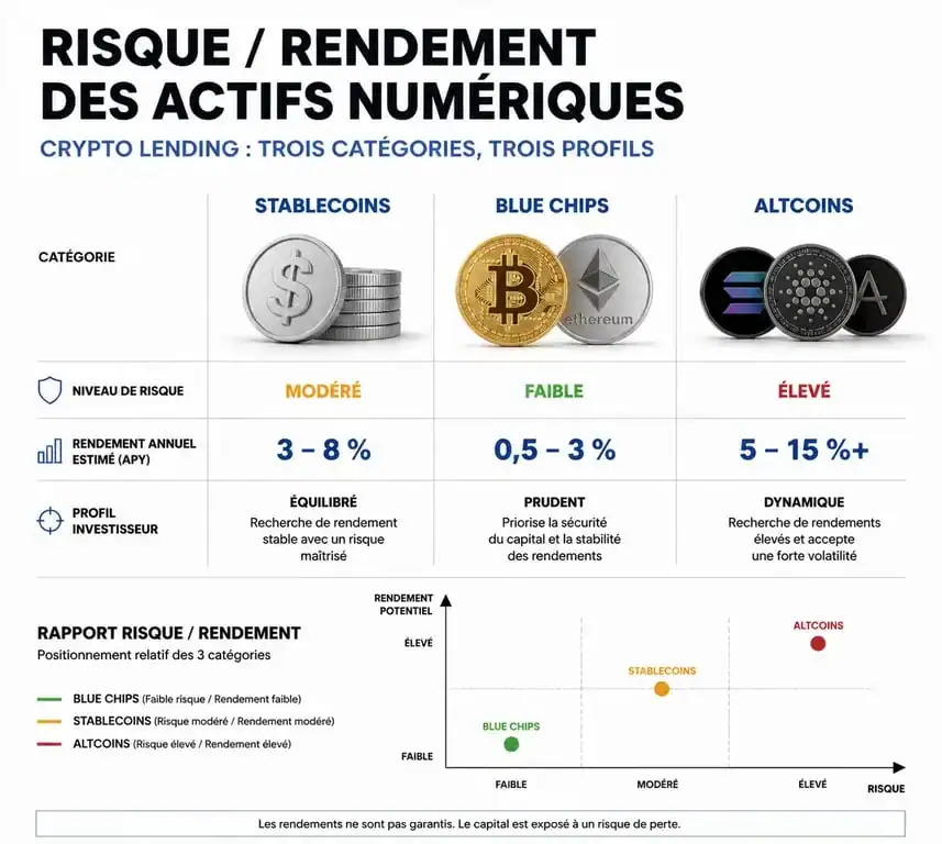 Infographie comparative du risque et du rendement des différents actifs en crypto lending