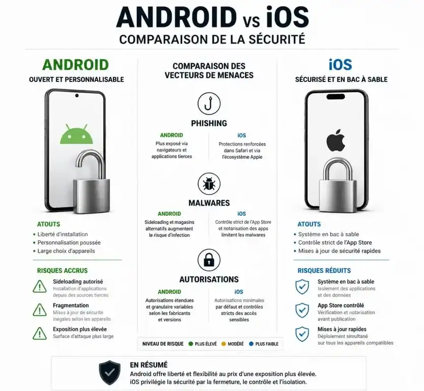 Infographie comparative de la sécurité mobile : différences entre antivirus Android et protection iOS