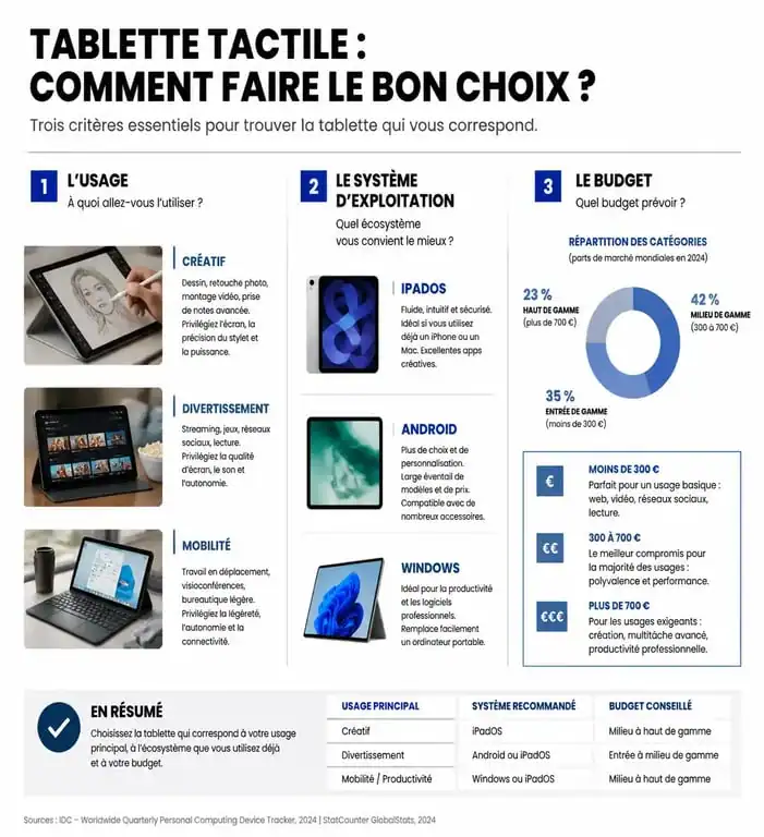 Infographie comparative pour choisir la meilleure tablette tactile selon ses besoins et son budget