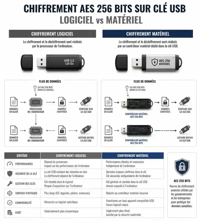 Schéma comparatif du chiffrement matériel vs logiciel pour clé USB sécurisée