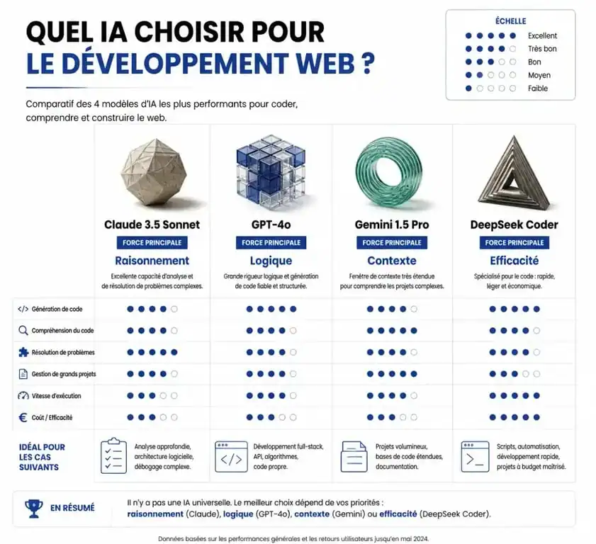 Infographie comparative des modèles d'IA pour le développement web : Claude, GPT-4o, Gemini et DeepSeek