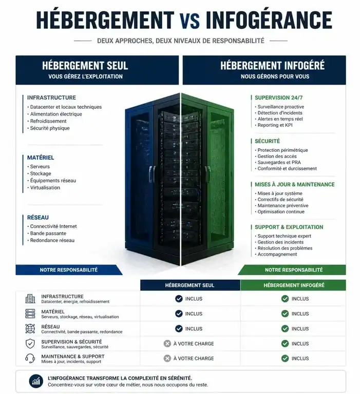 Infographie comparative : différences entre hébergement informatique et infogérance pour votre infrastructure IT