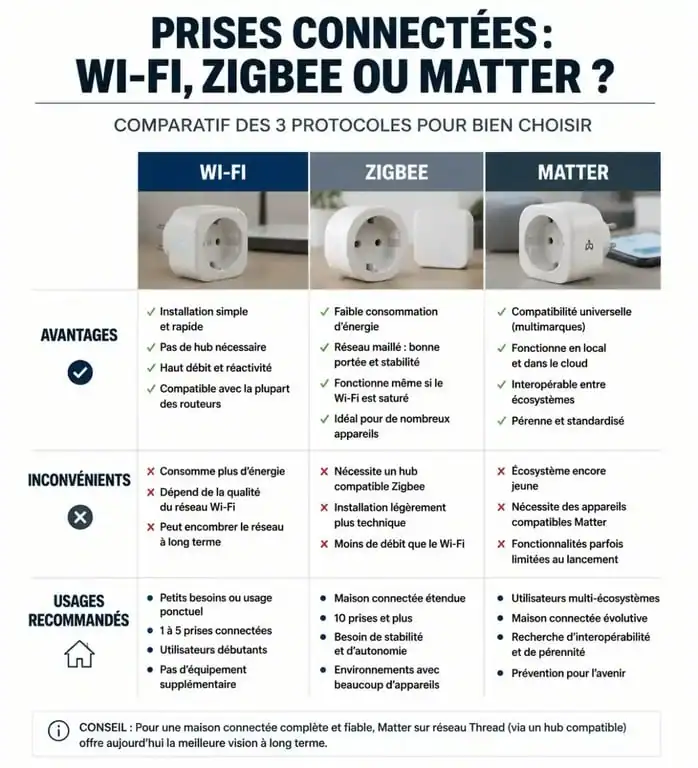 Comparatif des protocoles Wi-Fi, Zigbee et Matter pour choisir la meilleure prise connectée