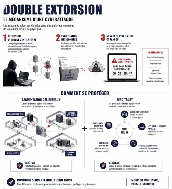 Schéma explicatif de la double extorsion lors d'une cyberattaque visant une entreprise comme Atos
