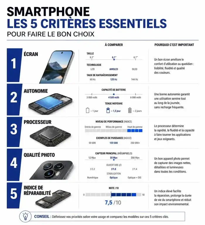Infographie des critères pour choisir son smartphone : écran, batterie, processeur, photo et réparabilité