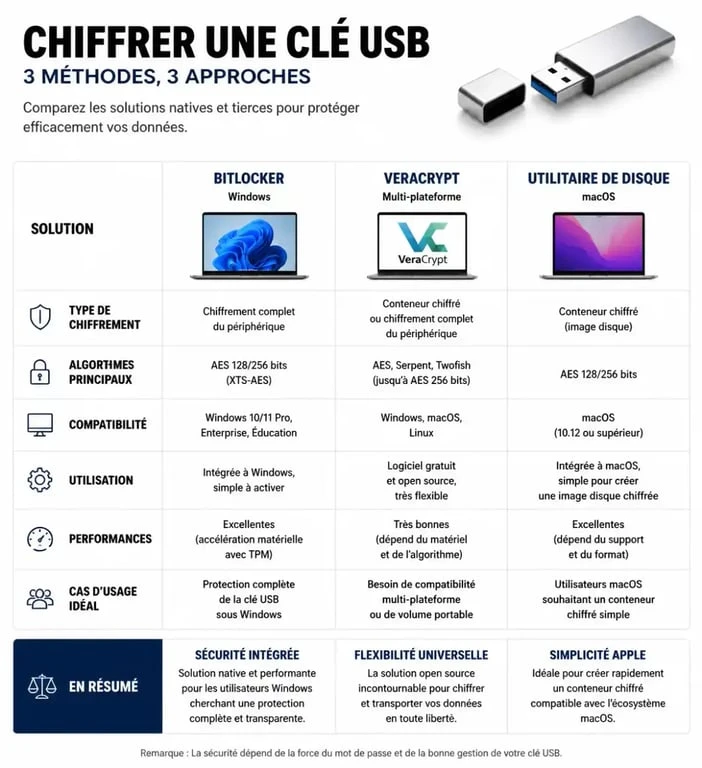Infographie comparative des méthodes pour crypter clé usb sous Windows, Mac et Linux