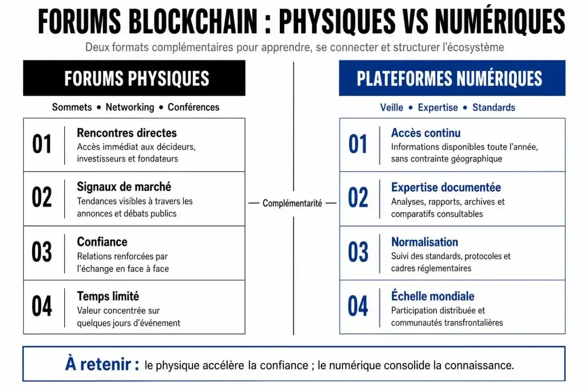 Infographie comparative des types de forums blockchain : événements physiques et plateformes communautaires en ligne