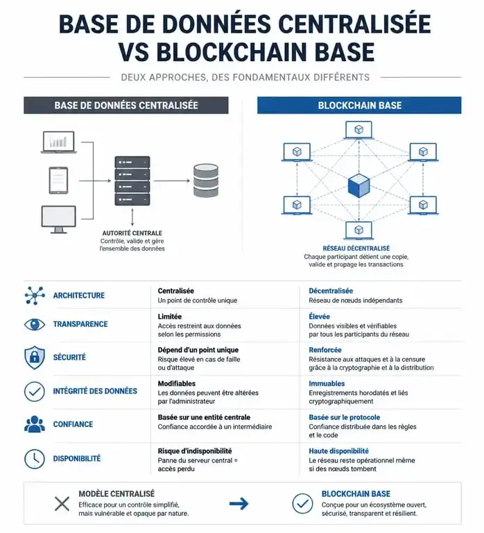 Infographie comparative entre une base de données classique et la blockchain Base pour comprendre les avantages du Web3.