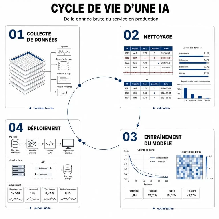 Schéma du processus de création d'une intelligence artificielle, de la donnée au déploiement