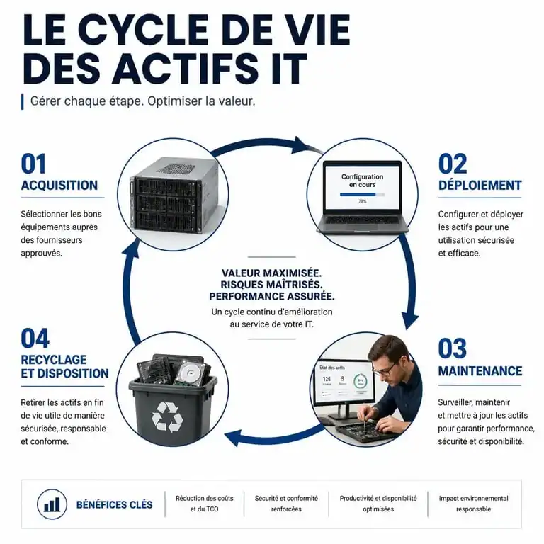 Schéma du cycle de vie des équipements dans le cadre d'une gestion de parc informatique efficace