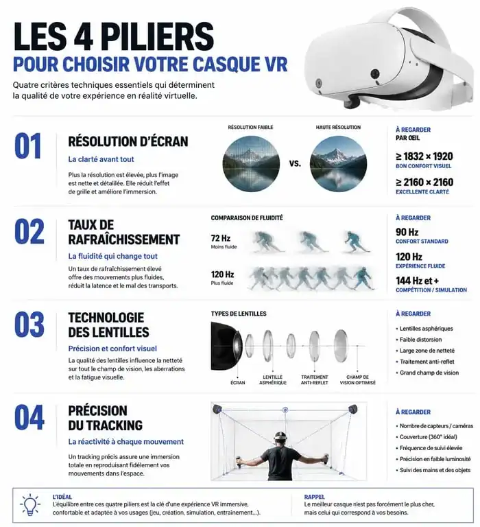 Infographie des critères techniques essentiels pour choisir le meilleur casque VR en 2026