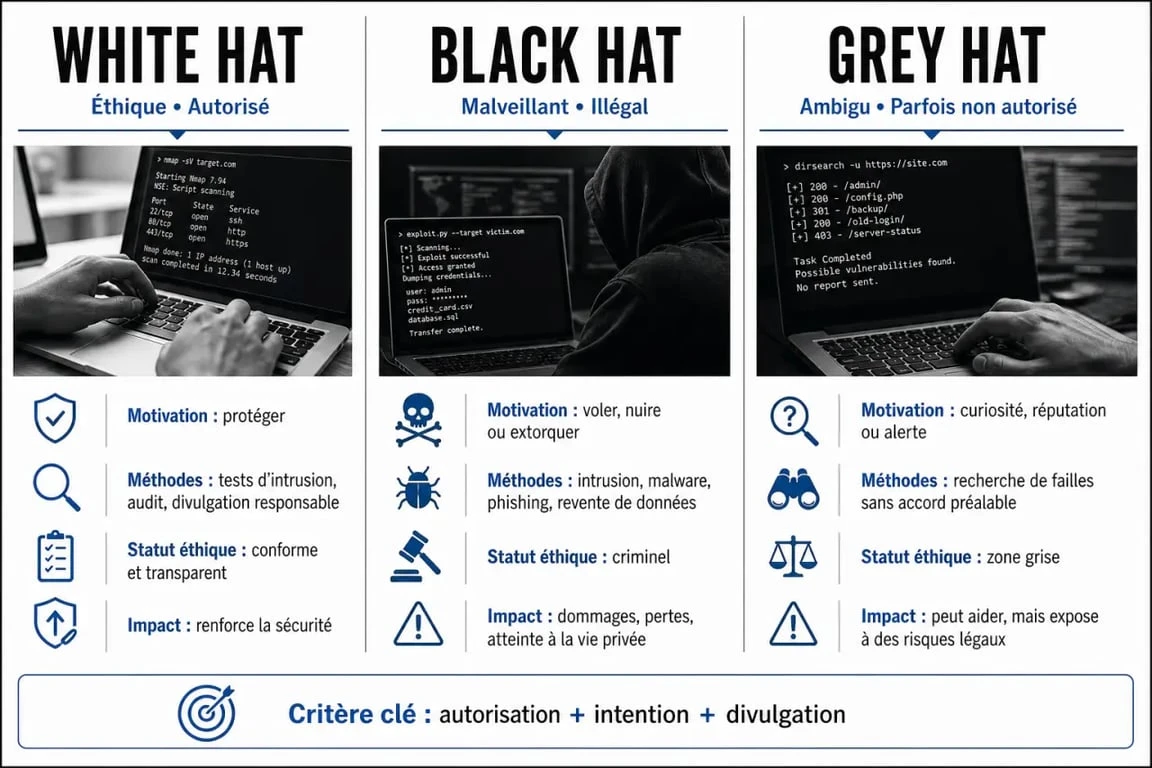 Infographie comparative des types de hackers : White Hat, Black Hat et Grey Hat pour comprendre la définition du hacking