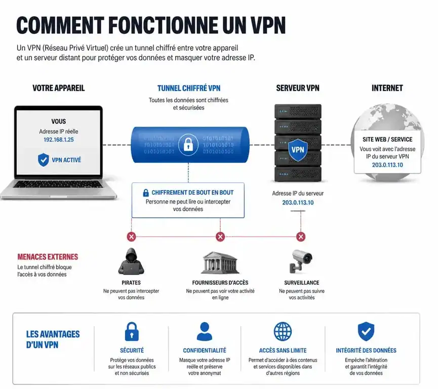 Schéma explicatif du fonctionnement d'un VPN pour sécuriser sa connexion internet