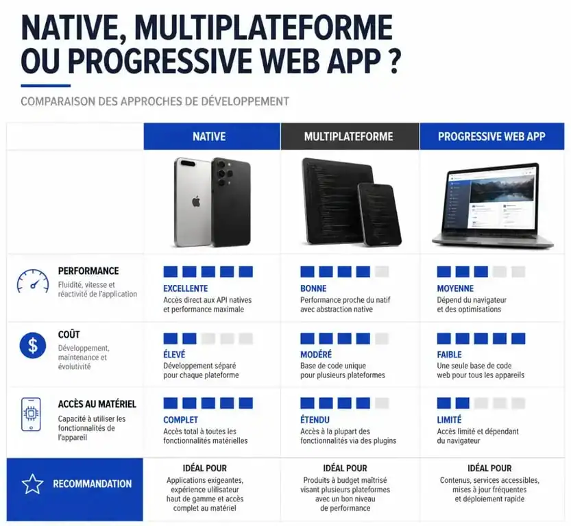 Infographie comparative des méthodes de développement d'applications mobiles : natif, hybride et PWA pour le mobile application dev